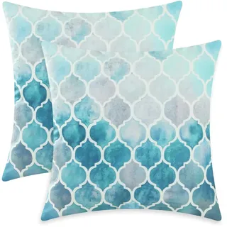 CaliTime Kissenbezüge Kissenhülle Kissenbezüge Packung mit 2 kuscheligen Kissenbezügen für Couchbett Sofa Manuelle handbemalte Bunte geometrische Gitterkettendruck 45cm x 45cm Main Grey Teal