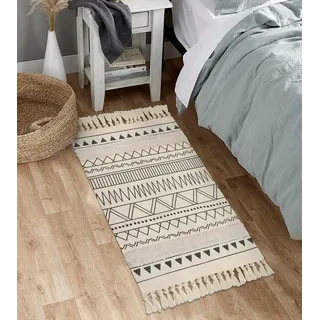 JaeMoose Baumwolle Teppich Getuftet Baumwollteppich Waschbar Retro Flur Teppich mit Quasten Marokkanisch Boho Teppiche für Wohnzimmer Schlafzimmer Eingangstür (Weiß, 60 x 130 cm)