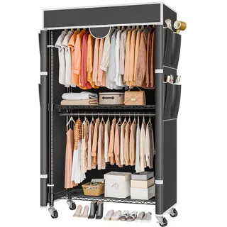 Himimi Kleiderständer auf Rollen, Kleiderständer Stabil, Doppel-Kleiderstange mit Abdeckung & Höhenverstellbaren Ablage, offener Kleiderschrank Metall Garderobe für Schlafzimmer, 90x45x205 cm Schwarz