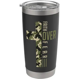 Religiöser Bibelvers "Faith Over Fear", christliches Camouflage-Kreuz Doppelwandiger Edelstahl-Thermobecher