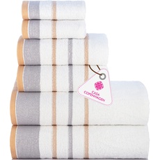 Casa Copenhagen White Bay-Handtuch aus 600 g/m2 ägyptischer Baumwolle für Hotel, Spa, Küche und Bad, 6-teiliges Set mit 2 Bädern, 2 Händen, 2 Waschlappen – Weiß mit grauem & beigem Rand