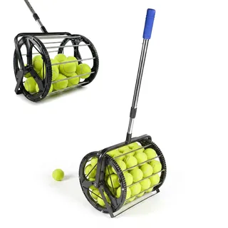 Relaxdays Tennisball Sammler, 50 Bälle, HBT: 106 x 29 x 27 cm, Metall, Teleskopgriff, Rollsammler Tennis, schwarz/Silber