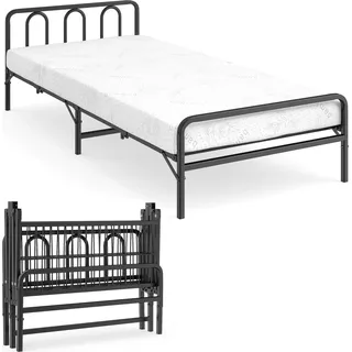 COSTWAY Klappbett 90x200, Bett klappbar mit 10cm Matratze, Einzelbett bis 220kg, Gästebett Bettgestell mit Memory-Schaum, Kopfteil & Metallrahmen Weiß - Schwarz, Weiß