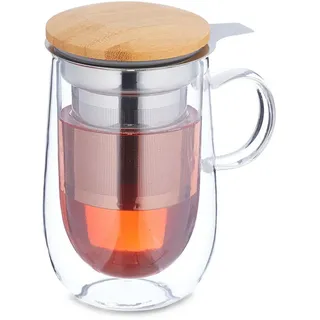 Relaxdays Teeglas , Glas, Holz, Metall , integriertes Sieb , Geschirr, Tassen, Teetassen
