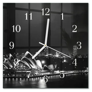 Tulup Glasuhr Wanduhr Küchenuhr Echt-Glas 30x30 cm Modern Dekorativ Geräuschlos Weiße Zeiger - Sydney Horizon - Schwarz, Weiß