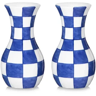 Kleine Blaue und Weiße Vase, 2er Set 15CM Keramik Blumenvase, Retro Chinoiserie Vase für Frische Getrocknete Seidenblumen Tischdeko Wohnzimmer Bücherregal Heimdeko, Einfarbig Glasiert