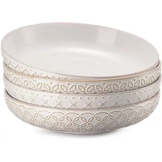 DOWAN Pastateller Groß Tief 4er Set, Ø 21,5 cm Porzellan Suppenteller Tief, Pastaschale Rund, Klassische Nudelteller, Bowl Teller Keramik für Pasta, Nudeln, Suppe, Salat-Vintage-weiß