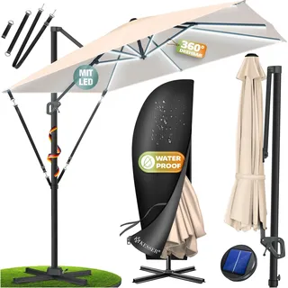 KESSER® Sonnenschirm Ampelschirm SUN XL 300 x 300 cm Inkl. Abdeckung +Windsicherung Drehbar Neigbar Kippbar Marktschirm Groß 360° Rotation, Gartenschirm mit Kurbel Sonnenschutz UV50+ - Beige