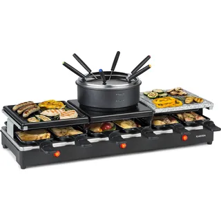 Klarstein Fonduelette XL - 3-in-1 Raclette-Grill & Fondue, 1650 Watt, 3-in-1 Grill: Metall- /Naturstein-/Crêpesplatte, 3 separate Edelstahl-Heizelemente, bis 12 Personen, Antihaftbeschichtung, schwarz - Schwarz