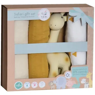 Tikiri 8594112 Geschenkset Giraffe mit Naturkautschuk Rassel und Schmusetüchern für Babys und Kinder ab 0+ Monaten, Babyrassel, Badespielzeug