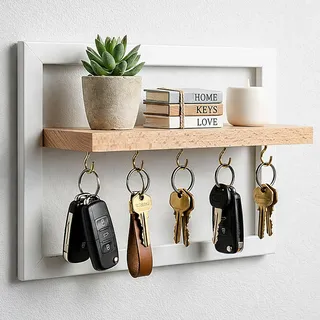 Schlüsselbrett mit Ablage – Wandorganizer mit 5 Haken & Ablage aus Buchenholz – Modernes und platzsparendes Design – Schlüsselhalter für Flur, Küche oder Büro (Weiß/Natur)