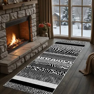 Meugesoi Leopardenmuster Teppich Läufer rutschfest Waschbar 80x300 cm, Zebra-Print Flurteppich Küchenteppich Schwarz Weiß Tierdruck Teppichläufer für Bettvorleger Wohnraum Flur Waschküche
