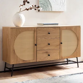 Sideboard in Eiche Nachbildung 140 cm Kommode mit 2 Türen & 3 Schubladen aus Wiener Rattan Geflecht Design - Braun