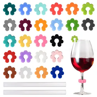 Luxvara Glasmarkierer, 24 Stück Glas Markierung, Glasmarker Silikon, Bunte Weinglas Marker,Wein Marker, Weinglasmarkierer für Weinglas, Tassen, Trinkglas