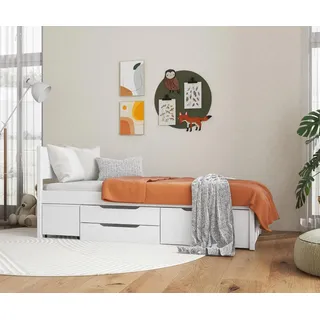 Inter Link -Bett mit Schubladen - Einzelbett 90x200 cm – Kojenbett mit Stauraum – Praktisches Jungendbett – Kiefer massivholz – Weiß lackiert – Inkl Lattenrost – Efetivo 90x200cm