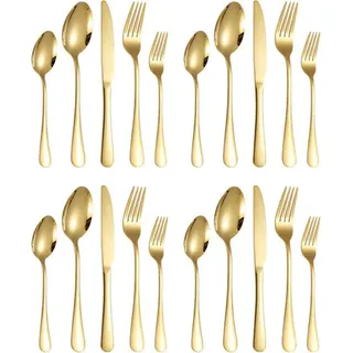 Goldenes Besteckset aus Edelstahl mit Messer, Gabel und Löffel, 4-Personen-Set, mattes Finish, geeignet für Essen, Partys, Picknicks, Familien, Restaurants, 20-teiliges Besteckset, Tafelservice - Gold