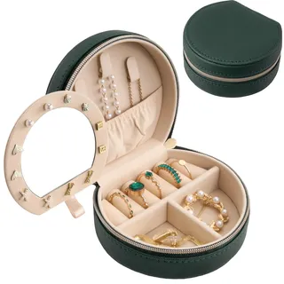 ProCase Reise Schmuckkästchen, Mini Schmuckbox für Damen PU-Leder Aufbewahrungsbox Schmucketui Schmuckaufbewahrung für Ringe Ohrringe Halsketten Geschenk- Grün, mit Spiegel