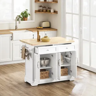 SoBuy Kücheninsel auf Rollen Servierwagen Küchenwagen mit ausziehbarer Arbeitsplatte Rollwagen mit Schubladen Barwagen für Küche Esszimmer FKW71-II-WN - Weiß