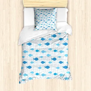 ABAKUHAUS Fisch Mantele, Geometrische Net Design Punkte, Milbensicher Allergiker geeignet mit Kissenbezügen, 135 cm x 200 cm - 80 x 80 cm, Blau Hellblau Weiß - Blau
