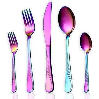 HOMQUEN 30-teiliges Regenbogen-Farbe-Geschirr-Set, Edelstahl-Titan-buntes überzogenes Tischbesteck, Tafelsilber-Service für 6