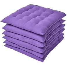 Homescapes 6er Set Stuhlkissen 40 x 40 cm, lila, Sitzkissen mit Bändern und Knopfverschluss, einfarbige Auflagen für Stühle mit Bezug aus 100% Baumwolle und weicher Polyester-Füllung, violett