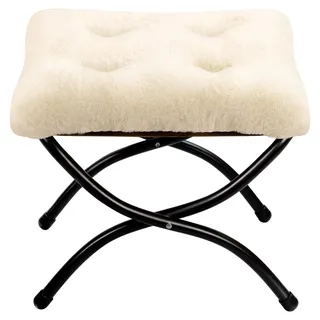 HollyHOME Fußhocker Klappbar Fußablage Fußstütze Faltbar Sitzhocker mit Metallbeinen Fusshocker mit Abnehmbar Gepolsterte Sitzfläche, Plüsch Beige