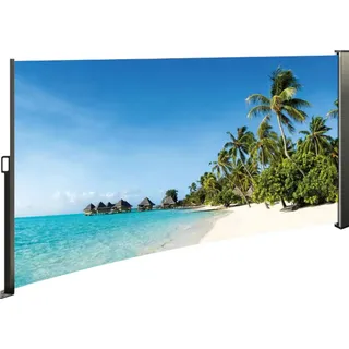 Seitenmarkise ausziehbar links, 180 cm hoch, Seitenrollo mit Fotodruck Südsee - Blau