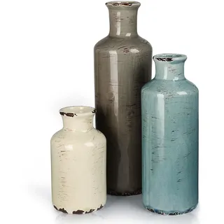 CUCUMI Blumenvasen aus Keramik, rustikale Küstendekoration für Bauernhaus-Regale, Ozean-Strand-Stil, Kaminsims, Kamin, Couchtisch, Regal für Wohnzimmer, 3er-Set