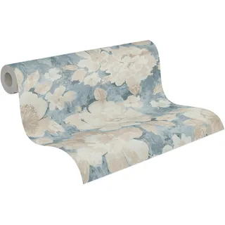 A.S. Création Blumentapete in Blau, Beige, Creme - hochwertige Vintage Tapete 396071 - Designtapete gemalt auf 10,05m x 0,53m - Made in Germany