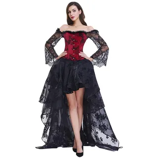 Kimring Women's Steampunk Victorian Elegant Off Shoulder Overbust Corset Dress Skirt Set with Lace Long Sleeves Black/Red Large