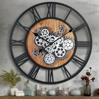 Lafocuse Wanduhr Groß mit Beweglichen Zahnrädern Industrial Steampunk XXL Holz Vintage Retro Schwarz Romische Zahlen 57 cm für Küche Wohnzimmer Bar