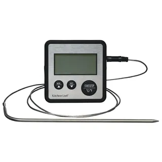 KitchenCraft 2-in-1 Küchenthermometer und Timer, Thermometer für Braten und Tiefkühlkost, Grill-, Braten-, und Fleischthermometer mit Kabel, Kochthermometer Digital, Spitze Sonde, Schwarz