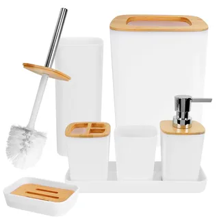 Dadabig 7 Stück Badezimmer Set, Badset Badezimmer Zubehör Set Bambus, Luxus Modern Bad Set, Mülleimer/Seifenspender/Spülbecher/Seifenschale/Zahnbürstenhalter/Toilettenbürste Set/Schminktisch-Tablett