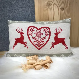 Gaidra Zirbenkissen mit Zirbenholz-späne - Jacquardgewebe aus 100% Baumwolle - Südtiroler Qualitätshandwerk - Tiroler alpiner Landhausstil - Hirsche Herz- rot beige - 22 x 35 cm