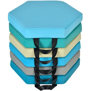 LIFEZEAL Stuhlkissen 6er Set für Kinder, Sitzkissen aus Schaumstoff und PU, Mehrfarbig Bodenkissen stapelbar mit Griff, 38 x 34 x 5 cm, für drinnen und draußen, Hexagon (Blau + Mehrfabrig)