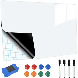 Magnetisch Whiteboard Folie Selbstklebend Set, 420 x 300 mm Tafelfolie Magnetisch Selbstklebend, A3 Magnettafel Kühlschrank Selbstklebend + 4 Pcs Whiteboardstift + 1Pc Whiteboard Schwamm Radierer