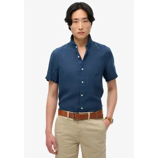 Kurzarmhemd SUPERDRY "VACATION LINEN S/S SHIRT", Herren, Gr. 3XL, N-Gr, blau (navy), Web, Obermaterial: 100% Seide, gestreift, regular fit, Rundhals, Hemden Kurzarmhemd