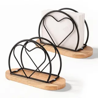 2 Stück Serviettenhalter Schwarz, Herzförmiger Serviettenständer mit Holzsockel Herzförmiger Metal Serviettenspender Herzform Servietten Halterung für Essen Küche Restaurant (15.7 x 10 x 6.7 cm)
