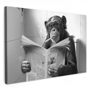 MuchoWow Leinwandbild Affe - WC - Zeitung - Schwarz-Weiß - Humor Wanddeko 90x60 cm , Textil , Rechteckig , 90x60 cm , FSC 100% , gerahmt , Bilder & Rahmen, Bilder, Leinwandbilder