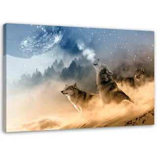 Feeby Wandbilder XXL Wolf Wald im Nebel 120x80 cm 1 Teilig Modern Wohnzimmer Schlafzimmer Bild auf Leinwand Leinwandbilder Bilder Kunstdruck Design Wanddeko Wildtiere Braun