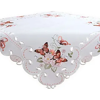 Tischdecke 85x85 cm Quadratisch Sekt Schmetterlinge Rot Bunt Gestickt Sommerdecke Aufleger Kaffeedecke Frühling (85 x 85 cm)