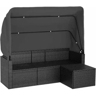 vidaXL 3-Sitzer-Gartensofa mit Dach und Fußhocker Schwarz Poly Rattan - Schwarz