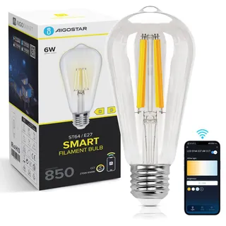 Aigostar Smart Lampe E27 Alexa Glühbirne 6W 850LM Edison Glühbirnen Dimmbare ST64 Retro Glühbirne Dimmbar 2700K-6500K, App Steuern Kompatibel mit Alexa und Google Assistant. Transparent 1 Stück