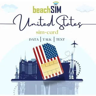 beachsim USA SIM-Karte. Verwendet T-Mobile Netzwerk mit LTE / 5G Datengeschwindigkeit. Nationale und Internationale Anrufe und Textnachrichten inklusive. USA SIM-Karte hat 50GB gültig für 10 Tage