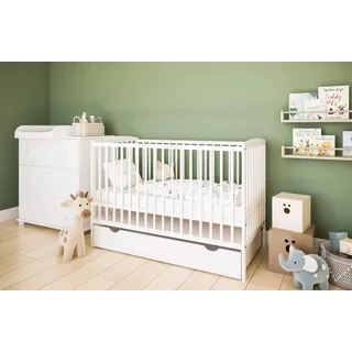 ZEE Set Babybett 120x60 cm 2in1 Weiß Mit Schublade & Schutzbarriere Umbaubar Zum Kinderbett Mit Wickelkommode Classic 3 Schubladen - Weiß