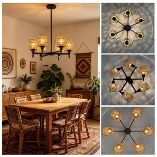 Hängelampe Rattan Groß, Kronleuchter Vintage Landhaus Ø 63cm Boho Küchenlampe Hängend Höhenverstellbar E27 Pendelleuchte Schwarz 6 flammig Rustikale Retro Esszimmerlampe für Küche Esstisch Wohnzimmer