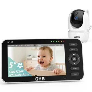 GHB Babyphone mit Kamera 5 Zoll 720P HD Display | Max. 168 Std Akku im VOX Schlafmodus, Split-Screen, 350°/110° schwenkbar, Infrarot-Nachtsicht, 4x Zoom, Gegensprechfunktion
