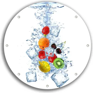 Wallario rundes Outdoor-Poster für Garten oder Balkon, Motiv Obst-Eiswürfel-Mix im Wasser mit weißem Hintergrund, 30 cm Durchmesser - Weiß