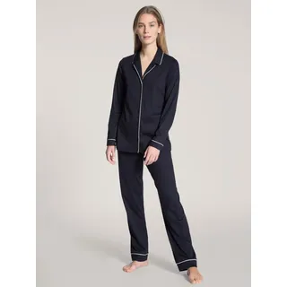 Schlafanzug CALIDA "Night Lovers", Damen, Gr. XS (36/38), blau (schwarz lapis blau), Interlock, Obermaterial: 100% Baumwolle, bequem lang, V-Ausschnitt, Homewear-Sets Schlafanzug, Knopfleiste, Pure Cotton, Interlock-Qualität, Langarm