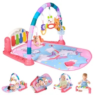 AOMIG Piano-Gym Spieldecke, Krabbeldecke mit Musik und Lichtern, Spielmatte mit Spielbogen abnehmbarem Babyspielzeug, Bauchzeit Activity Decke für Kleinkinder ab der Geburt –Rosa